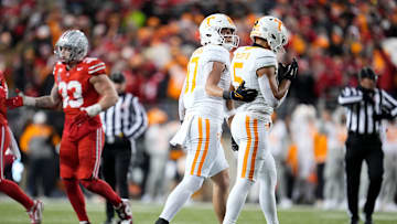 Tennessee Volunteers wide receiver Chris Brazzell II (17) and wide receiver Bru McCoy (5) walk off the field after a failed third down conversion during the second half of the College Football Playoff first round game against the Ohio State Buckeyes at Ohio Stadium in Columbus on Dec. 22, 2024. Ohio State won 42-17.