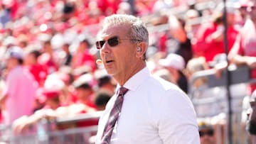 Former Ohio State Buckeyes head coach Urban Meyer, now with Fox Sports, watches on the sideline during the NCAA football game against the Texas Longhorns at Ohio Stadium on Aug. 30, 2025.