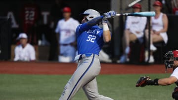 Kentucky catcher Austin Fawley (52) knocked in two runs against Louisville to take a 7-5 advantage at Patterson Stadium in Louisville, Ky. on Apr. 16, 2024.