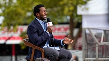 ESPN personality Desmond Howard speaks on camera on the GameDay set prior to the matchup between the Ohio State Buckeyes and the Texas Longhorns on Aug. 29, 2025.