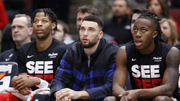 Dec 23, 2023; Chicago, Illinois, USA; Injured Chicago Bulls guard Zach LaVine (8) looks on from the bench: Kamil Krzaczynski-USA TODAY Sports