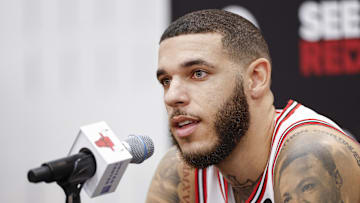 Sep 30, 2024; Chicago, Il, USA; Chicago Bulls guard Lonzo Ball (2) speaks to the press during Media Day. Mandatory Credit: Kamil Krzaczynski-Imagn Images