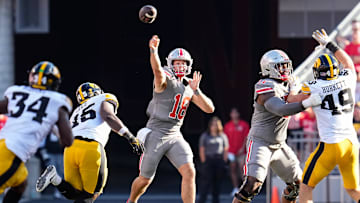 Oct 5, 2024; Columbus, OH, USA; Ohio State Buckeyes quarterback Will Howard (18) throws during the first half of the NCAA football game against the Iowa Hawkeyes at Ohio Stadium.