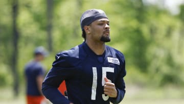May 23, 2024; Lake Forest, IL, USA; Chicago Bears wide receiver Rome Odunze (15) warms up during organized team activities at Halas Hall Mandatory Credit: Kamil Krzaczynski-USA TODAY Sports