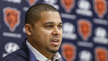 Mar 16, 2023; Lake Forest, IL, USA; Chicago Bears general manager Ryan Poles speaks during a press conference at Halas Hall. Mandatory Credit: Kamil Krzaczynski-Imagn Images