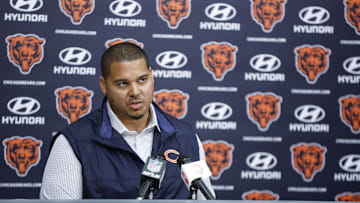 Mar 16, 2023; Lake Forest, IL, USA; Chicago Bears general manager Ryan Poles speaks during a press conference at Halas Hall. Mandatory Credit: Kamil Krzaczynski-Imagn Images