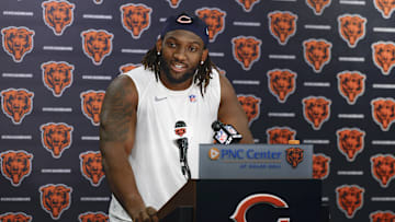 May 9, 2025; Lake Forest, IL, USA; Chicago Bears defensive line Shemar Turner speaks during the Rookie Minicamp at Halas Hall. Mandatory Credit: Kamil Krzaczynski-Imagn Images