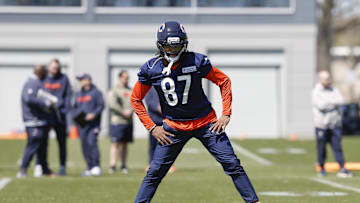 May 9, 2025; Lake Forest, IL, USA; Chicago Bears wide receiver Luther Burden III warms up during the Rookie Minicamp at Halas Hall. Mandatory Credit: Kamil Krzaczynski-Imagn Images