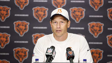 Jul 24, 2025; Lake Forest, IL, USA; Chicago Bears head coach Ben Johnson speaks during training camp at Halas Hall. Mandatory Credit: Kamil Krzaczynski-Imagn Images