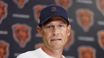 Aug 15, 2025; Lake Forest, IL, USA; Chicago Bears head coach Ben Johnson addresses the media at Halas Hall before joint training camp practice with the Buffalo Bills ahead of Sunday's preseason game. Mandatory Credit: Kamil Krzaczynski-Imagn Images