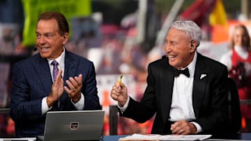 Nick Saban, left, and Lee Corso talk on the set of ESPN College GameDay prior to the NCAA football game between the Ohio State Buckeyes and the Texas Longhorns at Ohio Stadium on Aug. 30, 2025.