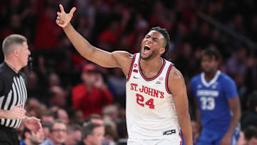 Feb 16, 2025; New York, New York, USA;  St. John's basketball forward Zuby Ejiofor (24) gestures after making a three point shot in the first half against the Creighton Bluejays at Madison Square Garden.