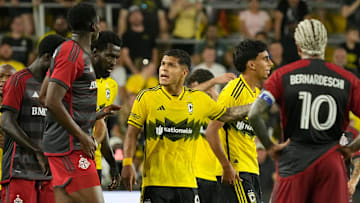 Columbus Crew forward Cucho Hernandez (9) gets into an arguement with Toronto FC forward Deandre Kerr (29) during the second half of the MLS 