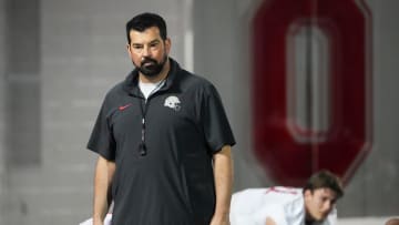 Mar 7, 2024; Columbus, OH, USA; Ohio State Buckeyes head coach Ryan Day watches players stretch during spring football practice at the Woody Hayes Athletic Center.