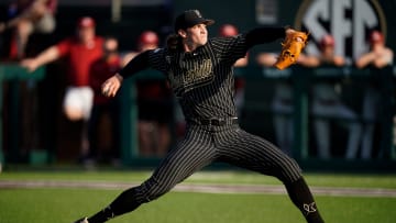 Vanderbilt pitcher Patrick Reilly (88) pitches against Arkansas during the first inning at Hawkins Field in Nashville, Tenn., Thursday, May 18, 2023.