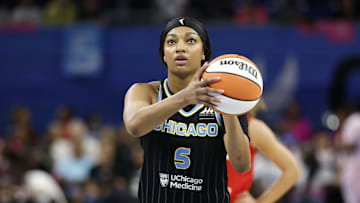 Aug 30, 2024; Chicago, Illinois, USA; Chicago Sky forward Angel Reese (5) shoots a free throw against the Indiana Fever during the second half at Wintrust Arena. Mandatory Credit: Kamil Krzaczynski-Imagn Images