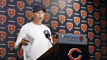Aug 15, 2025; Lake Forest, IL, USA; Chicago Bears head coach Ben Johnson addresses the media at Halas Hall before joint training camp practice with the Buffalo Bills ahead of Sunday's preseason game. Mandatory Credit: Kamil Krzaczynski-Imagn Images