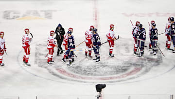 Mar 1, 2025; Columbus, Ohio, USA; The Columbus Blue Jackets and the Detroit Red Wings shake hand after the Blue Jackets victory in the NHL Stadium Series game at the Ohio Stadium at Ohio Stadium. Mandatory Credit: Samantha Madar/USA TODAY Network via Imagn Images