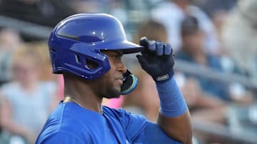 Iowa Cubs right fielder Alexander Canario waits in the batter's box against St. Paul during a MiLB