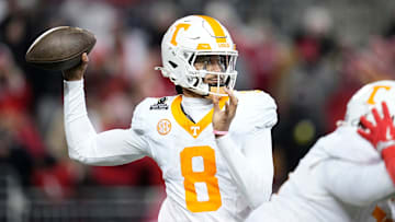 Tennessee Volunteers quarterback Nico Iamaleava (8) throws during the second half of the College Football Playoff first round game against the Ohio State Buckeyes at Ohio Stadium in Columbus on Dec. 22, 2024. Ohio State won 42-17.
