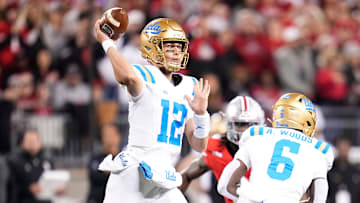 UCLA Bruins quarterback Luke Duncan (12) throws during the NCAA football game against the Ohio State Buckeyes at Ohio Stadium in Columbus on Nov. 15, 2025.