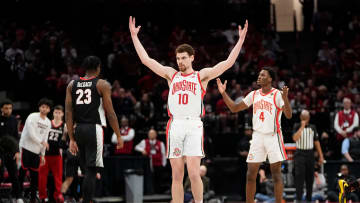 Mar 26, 2024; Columbus, OH, USA; Ohio State Buckeyes forward Jamison Battle (10) tries to involve the crowd during the second half of the NIT quarterfinals against the Georgia Bulldogs at Value City Arena. Ohio State lost 79-77.