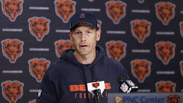 May 9, 2025; Lake Forest, IL, USA; Chicago Bears head coach Ben Johnson (R) speaks during the Rookie Minicamp at Halas Hall. Mandatory Credit: Kamil Krzaczynski-Imagn Images