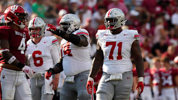 Sep 2, 2023; Bloomington, Indiana, USA; Ohio State Buckeyes offensive lineman Josh Simmons (71) lines up beside offensive lineman Donovan Jackson (74) during the NCAA football game at Indiana University Memorial Stadium. Ohio State won 23-3.