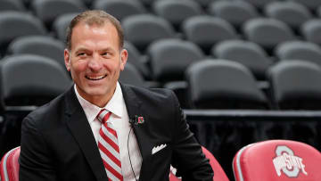 Mar 18, 2024; Columbus, OH, USA; Ohio State   s incoming athletic director Ross Bjork speaks during the introductory press conference for basketball head coach Jake Diebler at Value City Arena.