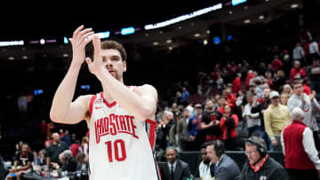 Mar 26, 2024; Columbus, OH, USA; Ohio State Buckeyes forward Jamison Battle (10) applauds the crowd following the NIT quarterfinals loss to the Georgia Bulldogs at Value City Arena. Ohio State lost 79-77.