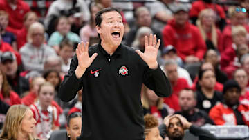 Mar 24, 2024; Columbus, OH, USA; Ohio State Buckeyes head coach Kevin McGuff motions during the second half of the women’s NCAA Tournament second round against the Duke Blue Devils at Value City Arena. Ohio State lost 75-63.