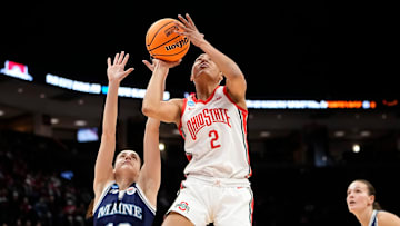 Mar 22, 2024; Columbus, OH, USA; Ohio State Buckeyes guard Taylor Thierry (2) shoots in front of Maine Black Bears guard Sarah Talon (12) during the first half of the women’s basketball NCAA Tournament at Value City Arena.