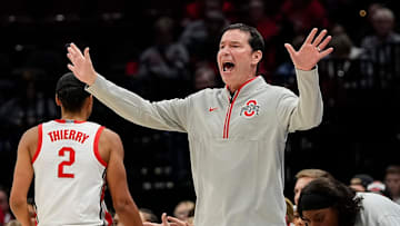Ohio State Buckeyes head coach Kevin McGuff motions during the first half of the NCAA women's basketball game against the Charlotte 49ers at Value City Arena on Tuesday, Nov. 12, 2024.