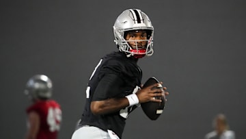 Mar 7, 2024; Columbus, OH, USA; Ohio State Buckeyes quarterback Air Noland (12) looks to throw during spring football practice at the Woody Hayes Athletic Center.