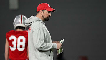 Ohio State Buckeyes head coach Ryan Day watches during spring football practice at the Woody Hayes Athletic Center in Columbus on March 19, 2025.
