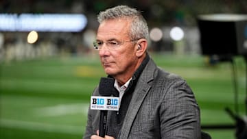 Former Ohio State Buckeyes head coach Urban Meyer broadcasts for the Big Ten Network prior to the College Football Playoff National Championship against the Notre Dame Fighting Irish at Mercedes-Benz Stadium in Atlanta on Jan. 20, 2025.