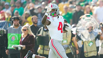 Ohio State receiver Jeremiah Smith scores a touchdown against Oregon on Jan. 1.