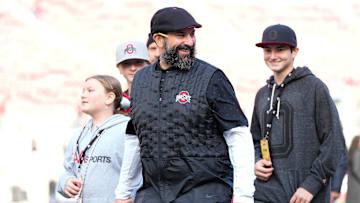 Ohio State Buckeyes defensive coordinator Matt Patricia arrives with his family prior to the NCAA football game against the Penn State Nittany Lions at Ohio Stadium in Columbus on Nov. 1, 2025.