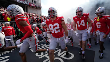 The Ohio State Buckeyes take the field for the NCAA football game at Ohio Stadium in Columbus on Nov. 22, 2025. Ohio State won 42-9.