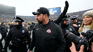 Ohio State Buckeyes head coach Ryan Day leaves the field following the NCAA football game against the Michigan Wolverines at Michigan Stadium in Ann Arbor, Mich. on Nov. 29, 2025. Ohio State won 27-9.