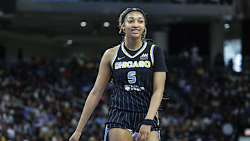 Jul 12, 2025; Chicago, Illinois, USA; Chicago Sky forward Angel Reese (5) reacts during the first half of a WNBA game against the Minnesota Lynx at Wintrust Arena. Mandatory Credit: Kamil Krzaczynski-Imagn Images