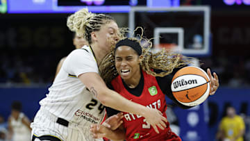 Aug 7, 2025; Chicago, Illinois, USA; Atlanta Dream guard Jordin Canada (3) drives to the basket against Chicago Sky guard Rachel Banham (24) during the second half at Wintrust Arena. Mandatory Credit: Kamil Krzaczynski-Imagn Images