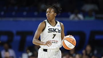 Aug 7, 2025; Chicago, Illinois, USA; Chicago Sky guard Ariel Atkins (7) brings the ball up court against the Atlanta Dream during the first half at Wintrust Arena. Mandatory Credit: Kamil Krzaczynski-Imagn Images