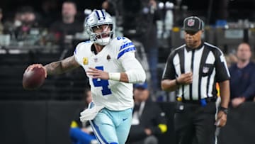 Nov 17, 2025; Paradise, Nevada, USA; Dallas Cowboys quarterback Dak Prescott (4) looks to throw downfield against the Las Vegas Raiders during the second half at Allegiant Stadium. 