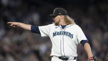 Seattle Mariners relief pitcher Ryne Stanek (45) celebrates after a game against the Texas Rangers at T-Mobile Park. 