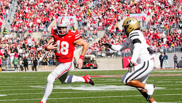 Ohio State Buckeyes quarterback Will Howard (18) runs the ball during the game against the Purdue Boilermakers at Ohio Stadium on Saturday, Nov. 9, 2024 in Columbus, Ohio.