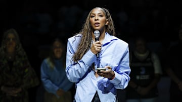 Aug 25, 2025; Chicago, Illinois, USA; Chicago Sky franchise legend and WNBA Champion Candace Parker speaks during her jersey retainment ceremony during a WNBA game between the Chicago Sky and Las Vegas Aces at Wintrust Arena. Mandatory Credit: Kamil Krzaczynski-Imagn Images