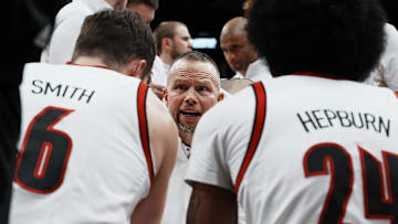 Louisville head coach Pat Kelsey instructs his team against Ole Miss during their game at the KFC Yum! Center in Louisville, Ky. on Dec. 3, 2024.