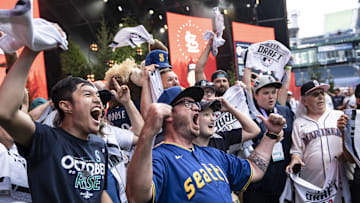 Seattle Mariners fans gather and cheer before the team's pick during the first round of the MLB Draft at Lumen Field in 2023.