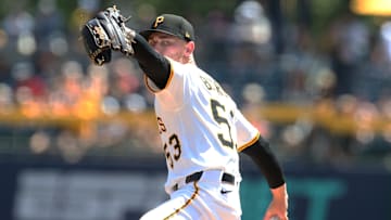 Aug 10, 2025; Pittsburgh, Pennsylvania, USA;  Pittsburgh Pirates starting pitcher Mike Burrows (53) delivers a pitch against the Cincinnati Reds during the first inning at PNC Park. Mandatory Credit: Charles LeClaire-Imagn Images